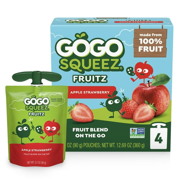 GoGo squeeZ No Sugar Added Apple Strawberry Applesauce Pouches, 3.2 oz (4 Pack)