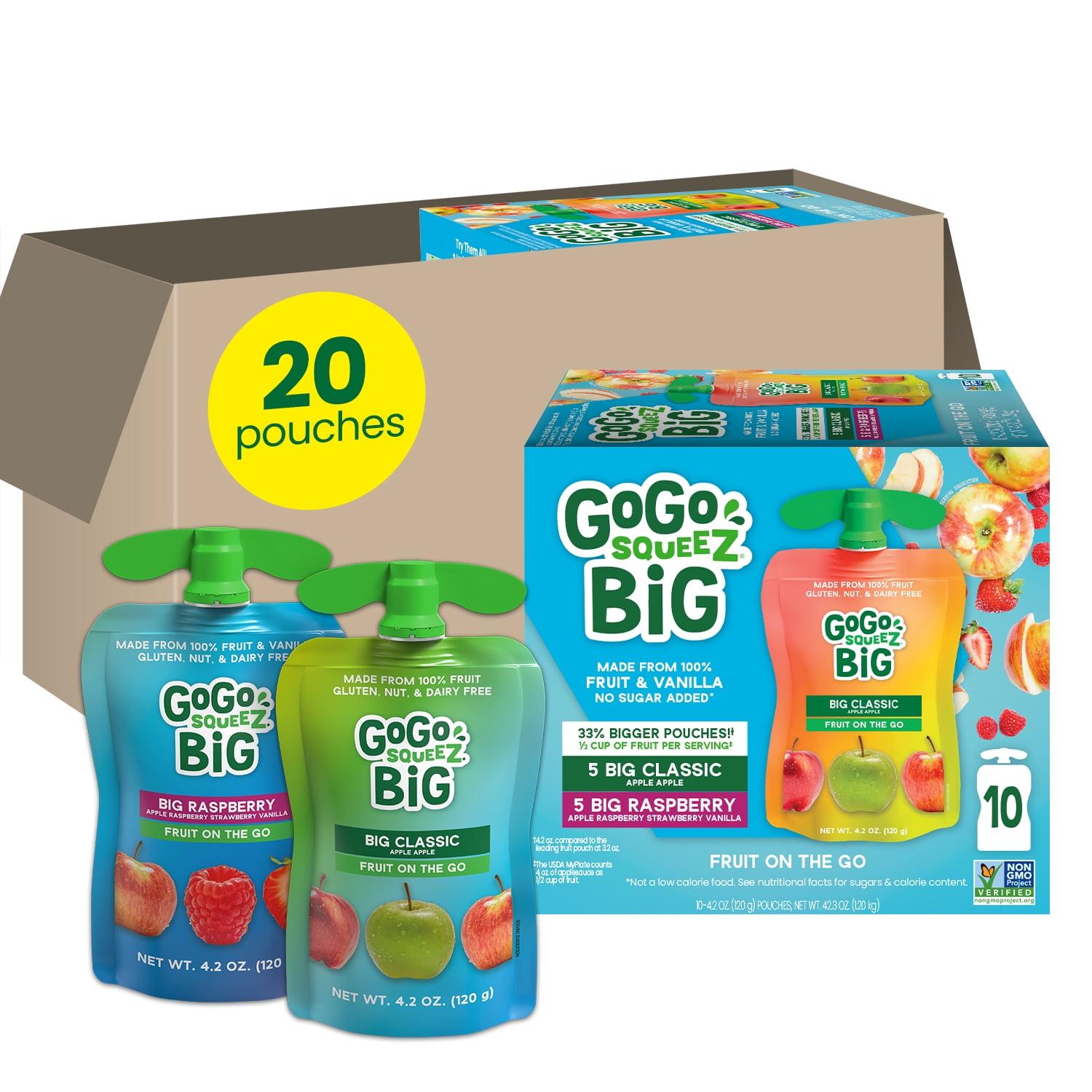 GoGo squeeZ BIG Applesauce and Fruit Puree with Vanilla Variety Pack, BIG Classic Apple and BIG Raspberry, 4.2 oz, 20 Pack