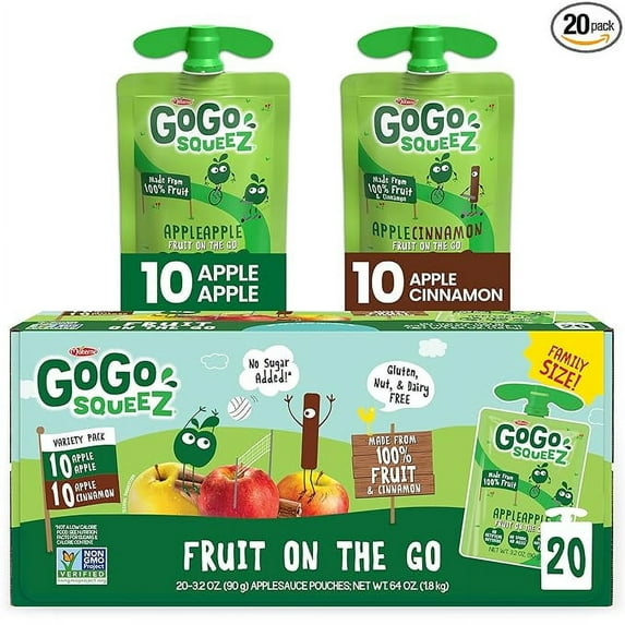 GoGo squeeZ Applesauce and Fruit Puree Variety Pack, Apple & Cinnamon, 3.2 oz (Pack of 20), Unsweetened Fruit Snacks for Kids, Gluten Free, Nut Free and Dairy Free, BPA Free Pouches