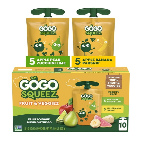 GoGo squeeZ No Sugar Added Fruit & Veggie Applesauce Puree Variety Pouches, 3.2 oz (10 Pack)