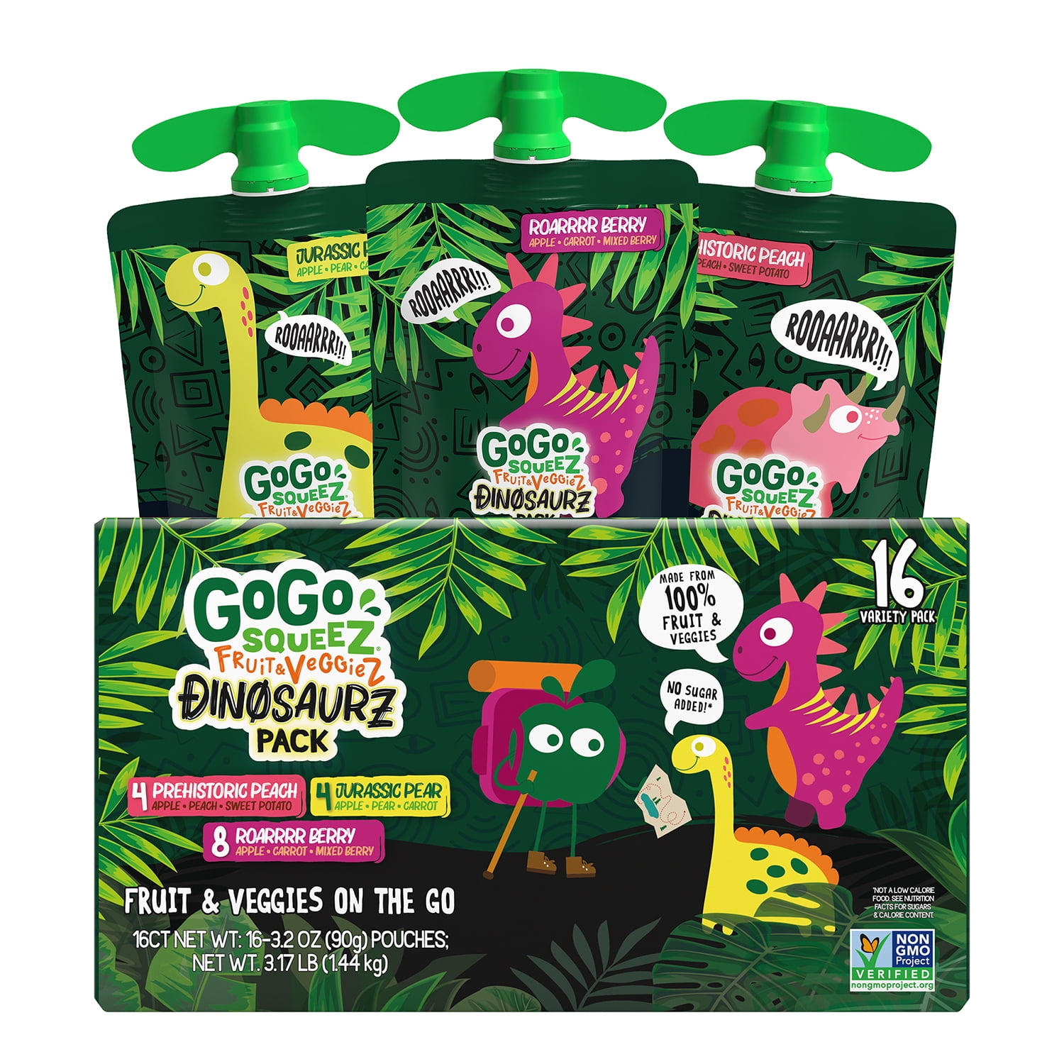 GoGo squeeZ Fruit & VeggieZ Applesauce & Puree Dino Variety Pack, 3.2 oz Pouches (16 Pk)