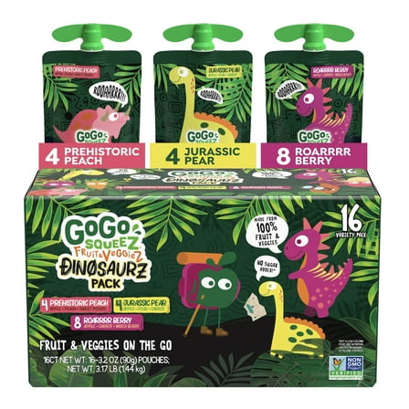 GoGo squeeZ FruitZ & VeggieZ Dino Pear Peach Carrot Applesauce Pouches, 3.2 oz (16 Pack)