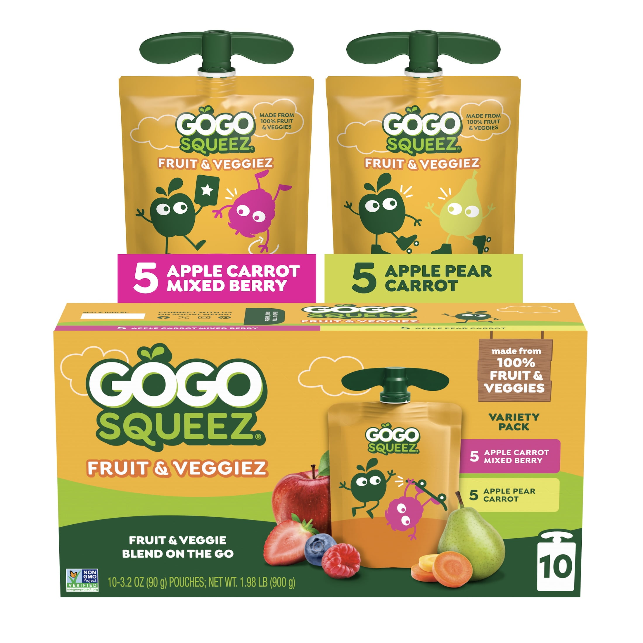GoGo squeeZ Fruit & Veggiez No Sugar Added Applesauce Variety Pouches, 3.2 oz (10 Pack)