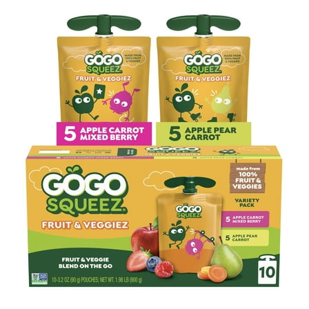 GoGo squeeZ  Fruit & Veggiez No Sugar Added Applesauce Variety Pouches, 3.2 oz (10 Pack)