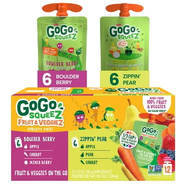 GoGo squeeZ Fruit & veggieZ Applesauce and Puree Variety Pack, Boulder Berry and Zippin' Pear Snack Pouches Variety Pack, 3.2 oz, 12 pack