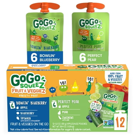 GoGo squeeZ Fruit & veggieZ Applesauce and Puree Variety Pack, Bowlin' Blueberry and Perfect Pear Snack Pouches Variety Pack, 3.2 oz, 12 pack