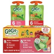 GoGo squeeZ Fruit & veggieZ Applesauce and Puree Variety Pack, Pedal Peach and Speedy Strawberry Snack Pouches Variety Pack, 3.2 oz, 12 pack