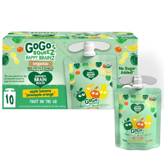 GoGo squeeZ Happy BrainZ Apple Banana Pineapple Orange Snack Pouches, 3.2 oz, 10 Pack