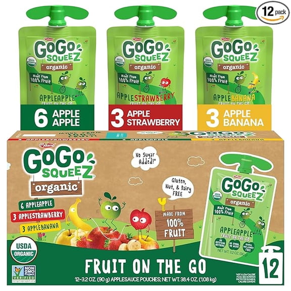 GoGo squeeZ Organic Applesauce and Fruit Puree, Variety Pack, Apple, Strawberry & Banana, 3.2 oz (Pack of 12), Unsweetened Organic Fruit Snacks for Kids, No Gluten, Nut & Dairy, BPA Free Pouches