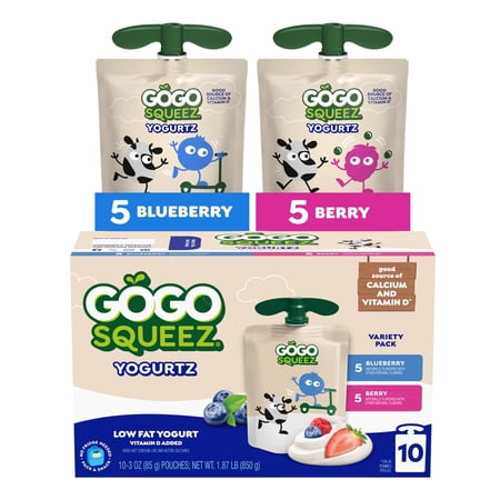 GoGo squeeZ Low Fat Yogurtz Blueberry and Berry Yogurt Snack Pouches, 3 oz (10 Pack)