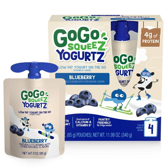 GoGo squeeZ Low Fat Yogurtz Blueberry Yogurt Snack Pouches, 3 oz (4 Pack)