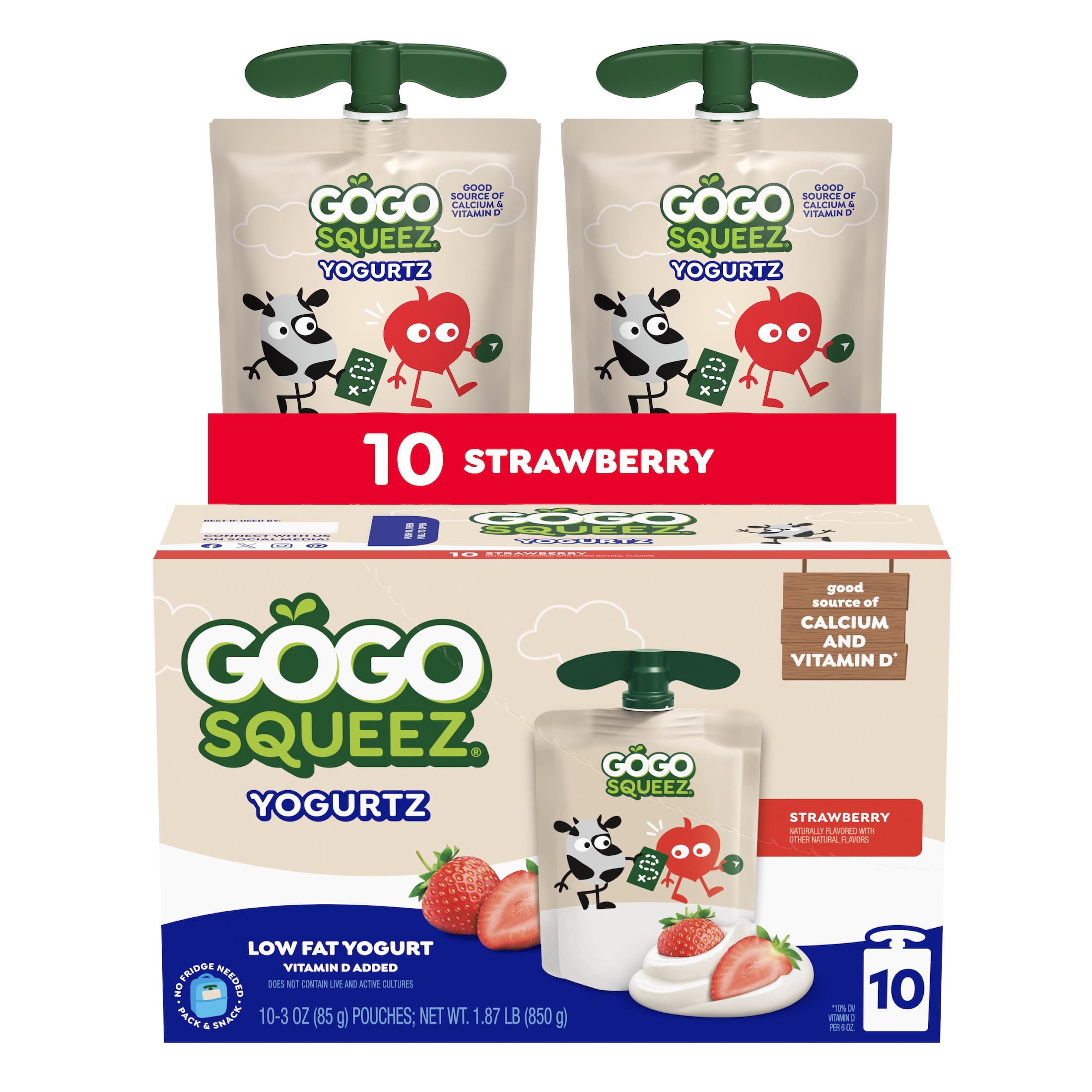 GoGo squeeZ Low Fat Yogurtz Strawberry Yogurt Snack Pouches, 3 oz (10 Pack)