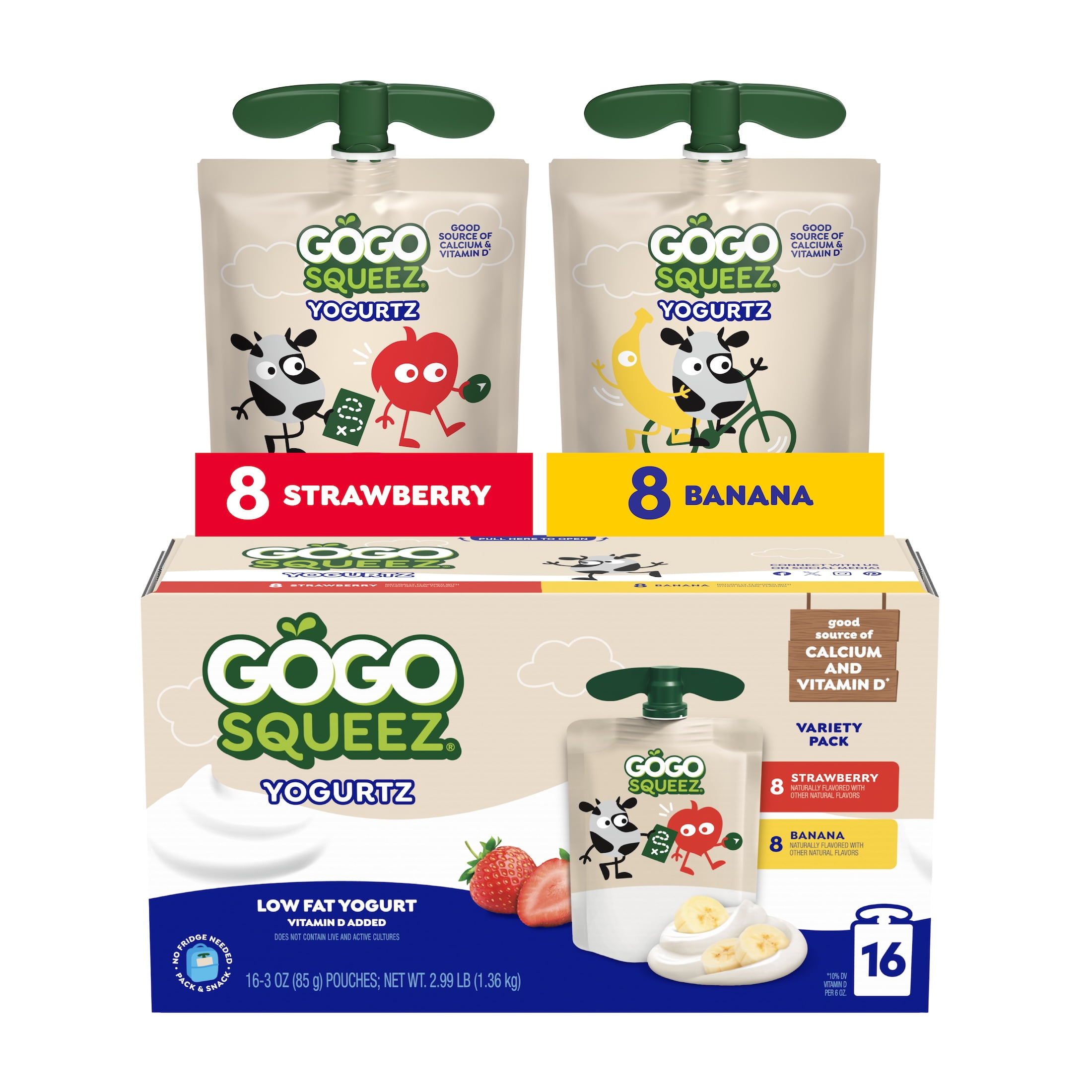 GoGo squeeZ Low Fat Yogurtz Strawberry and Banana Yogurt Snack Pouches, 3 oz (16 Pack)