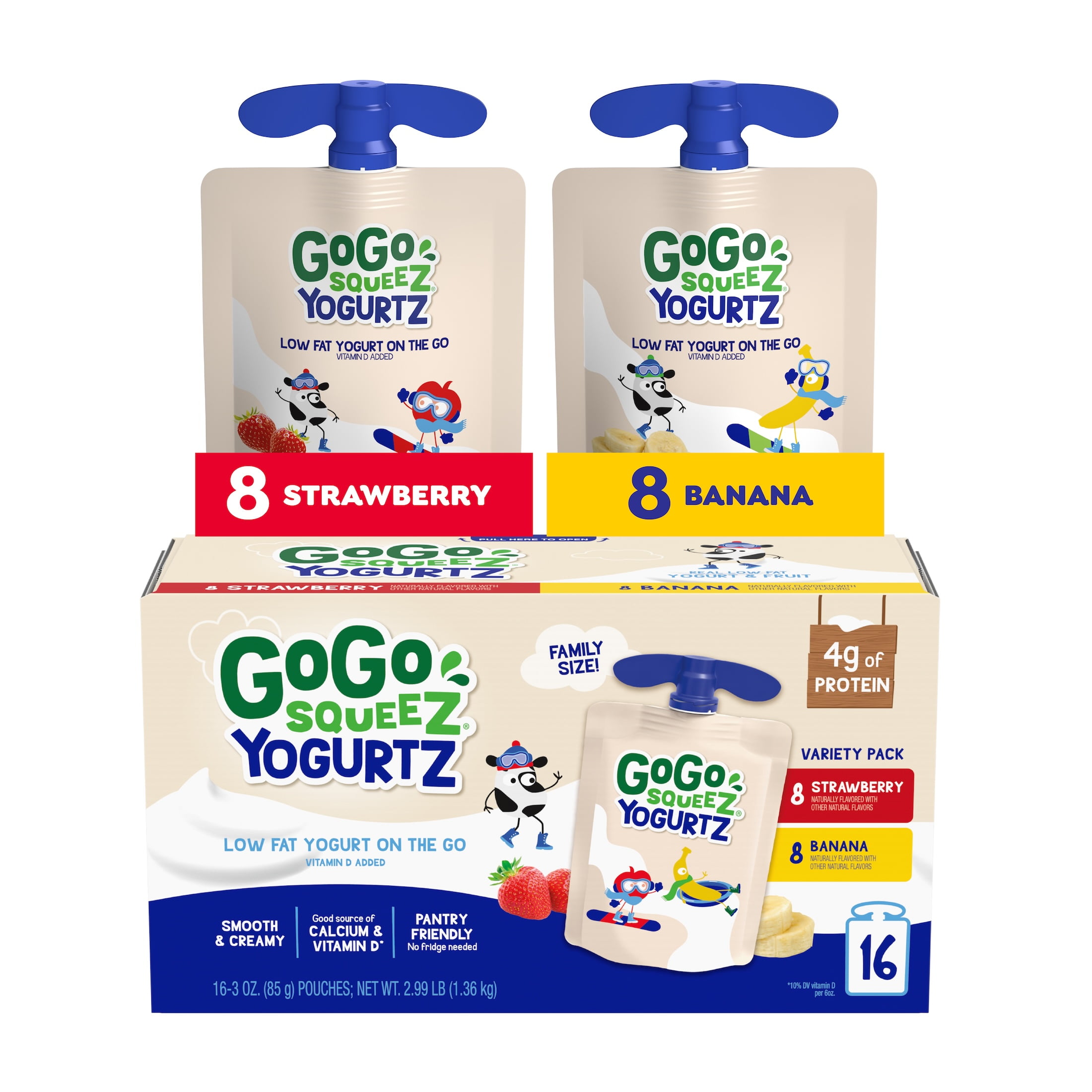 GoGo SqueeZ GoGo squeeZ Low Fat Yogurtz Strawberry and Banana Yogurt Snack Pouches, 3 oz (16 Pack)