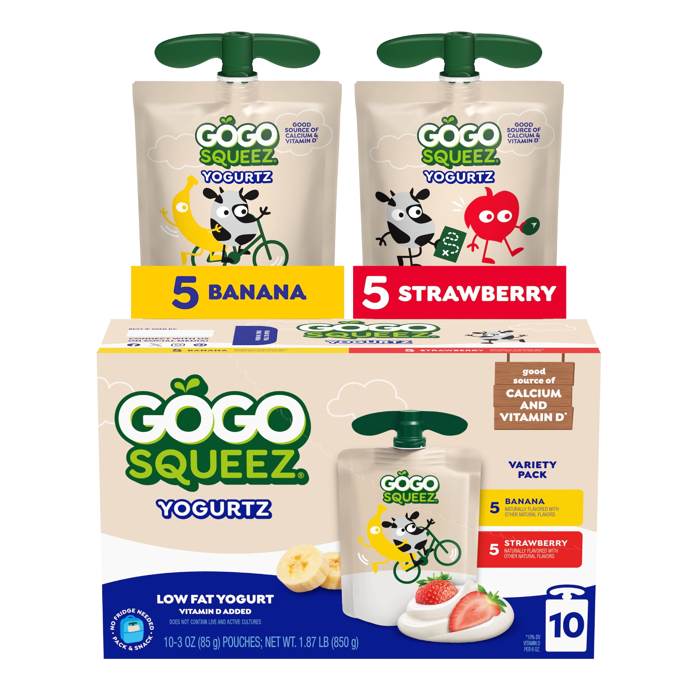 GoGo squeeZ Low Fat Yogurtz Strawberry and Banana Yogurt Snack Pouches, 3 oz (10 Pack)