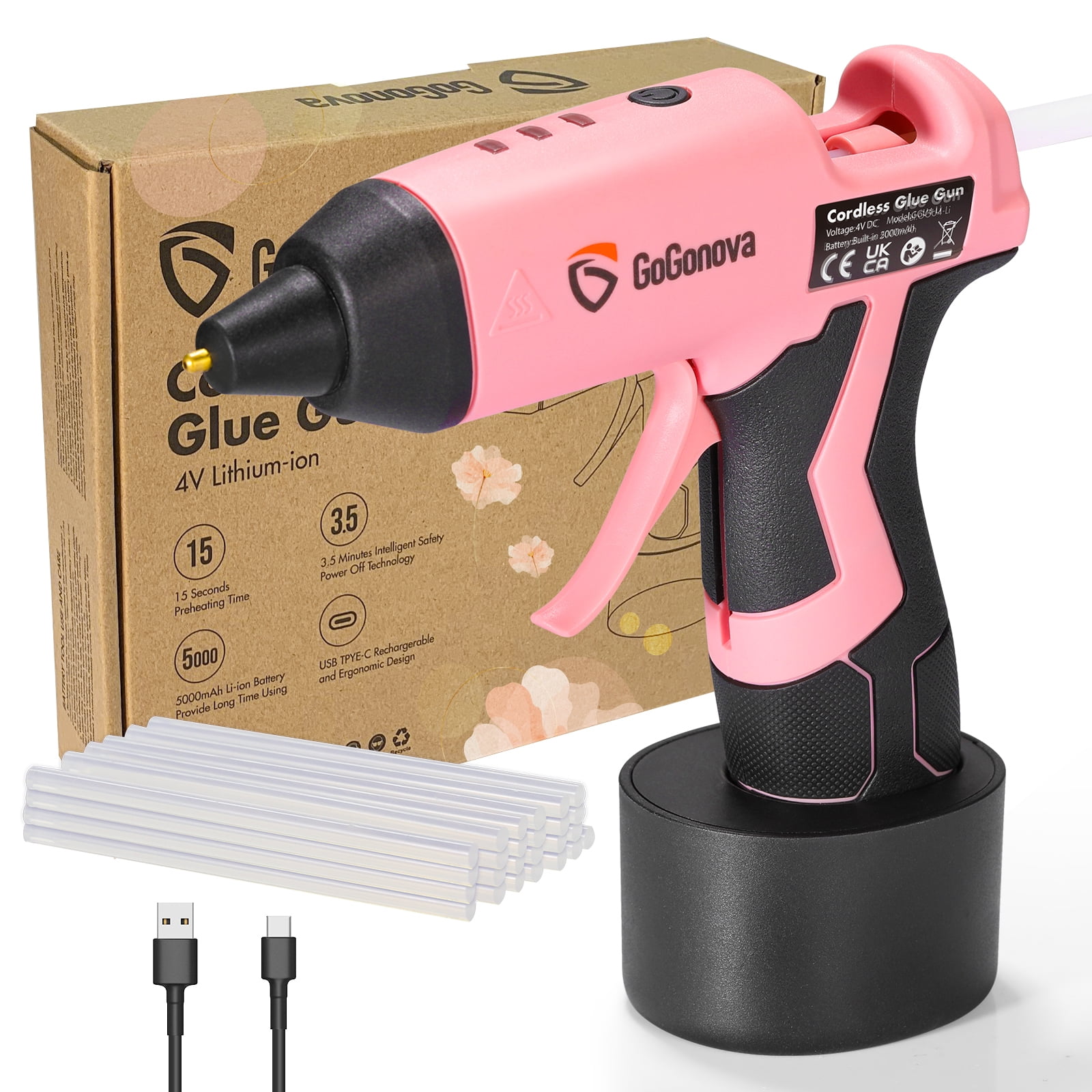 GoGonova Cordless Hot Glue Gun, 15s Fast Preheating with 25 Pcs Premium Mini Glue Sticks, USB-C Rechargeable, 5Ah Battery, Pink