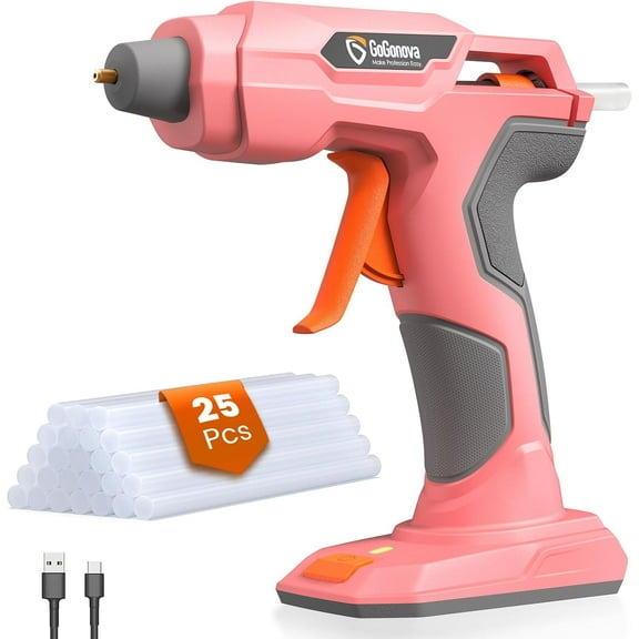 GoGonova Glue Gun, Fast Preheating Anti-drip Cordless Glue Gun, 2Ah USB-C Rechargeable Hot Glue Gun Kit with 25 Pcs Mini Glue Sticks,Pink
