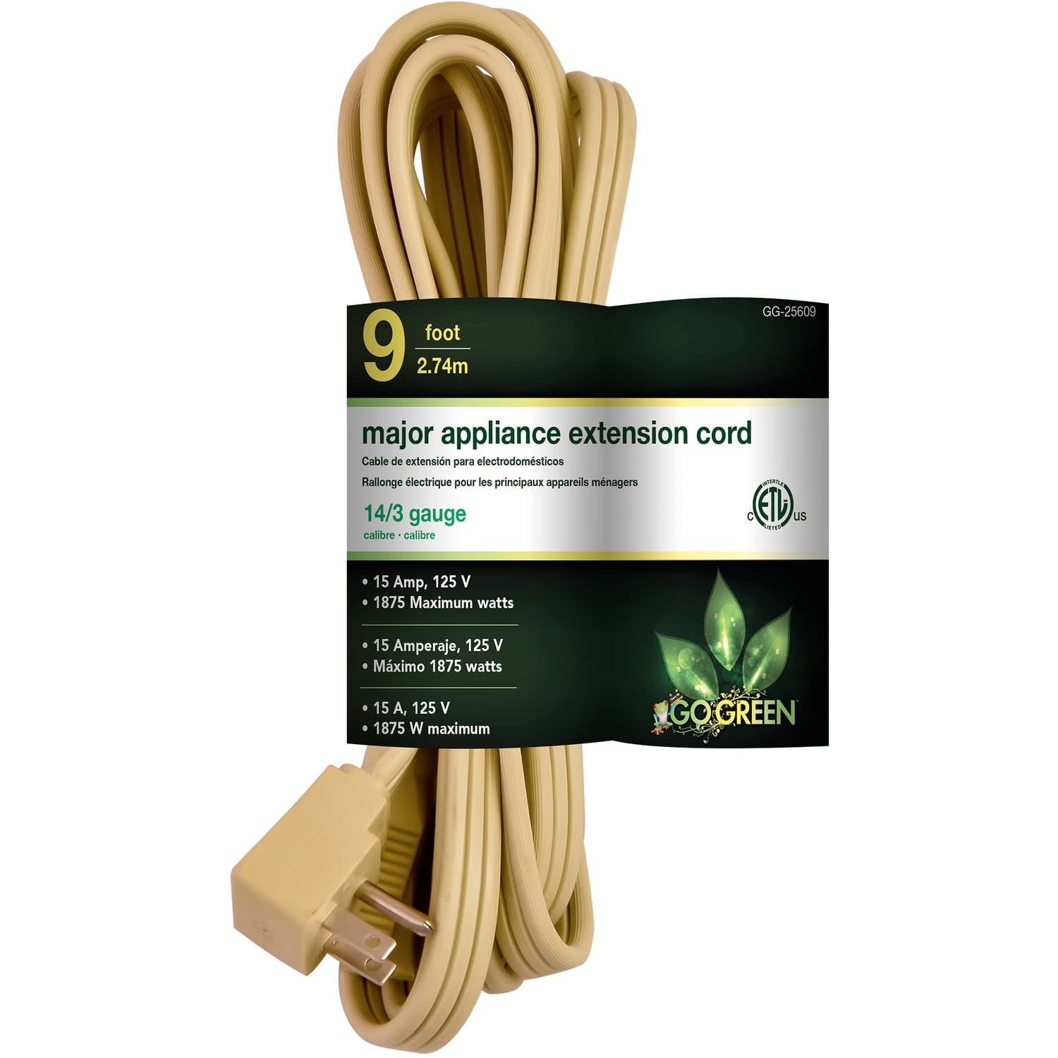 Beige 9ft Heavy Duty 3-Prong Appliance Extension Cord