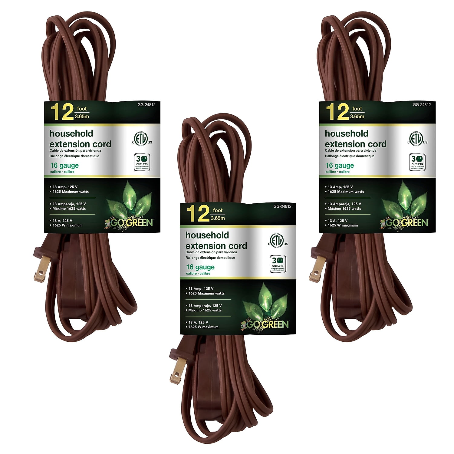 GoGreen Power 16/2 12' Household Extension Cord GG-24812 - Brown