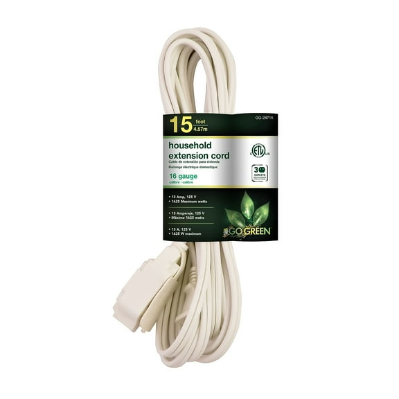 GoGreen Power 16/2 15' Household Extension Cord, White, 24715