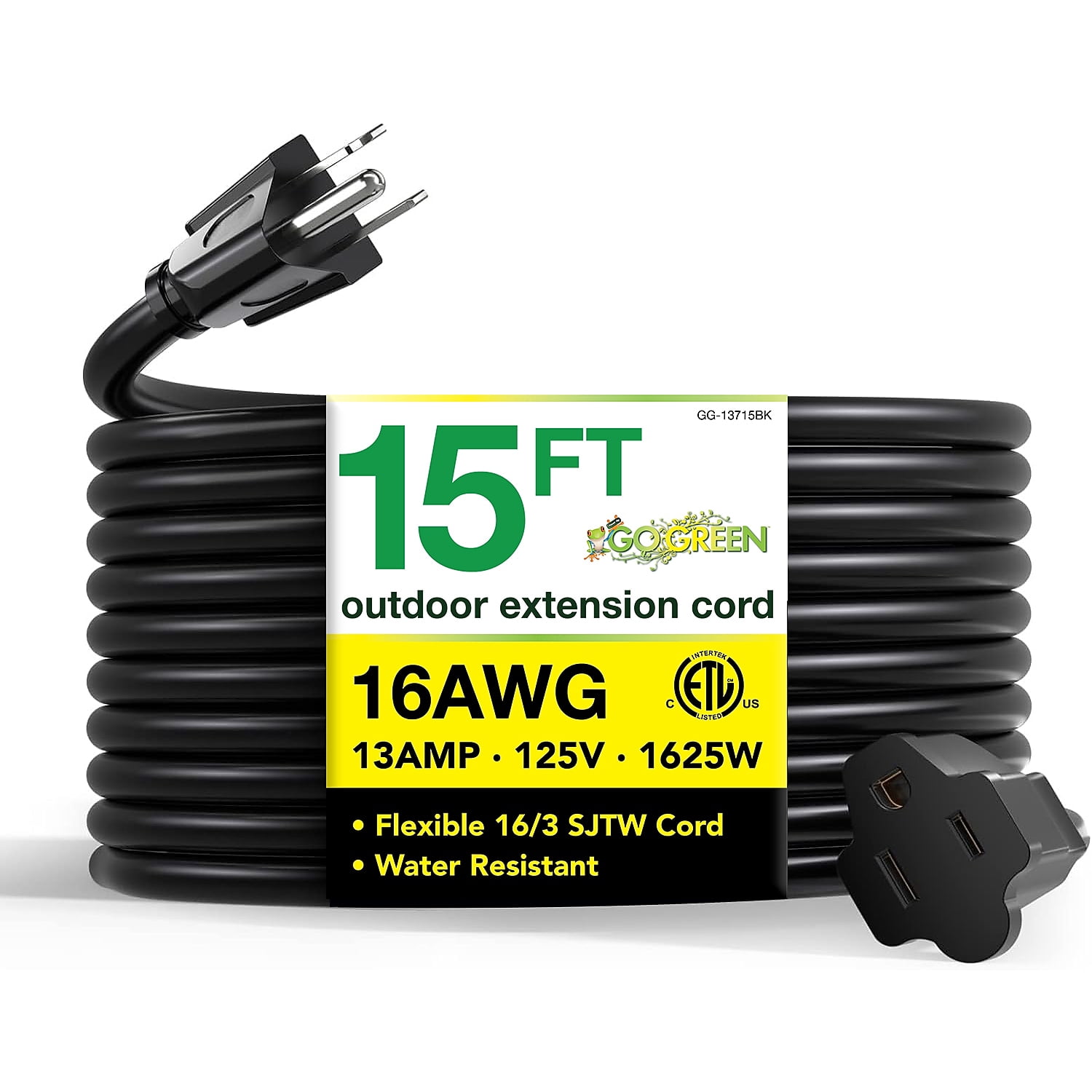 GoGreen Power 16/3 15 ft Black 1 Outlet Heavy Duty Extension Cord
