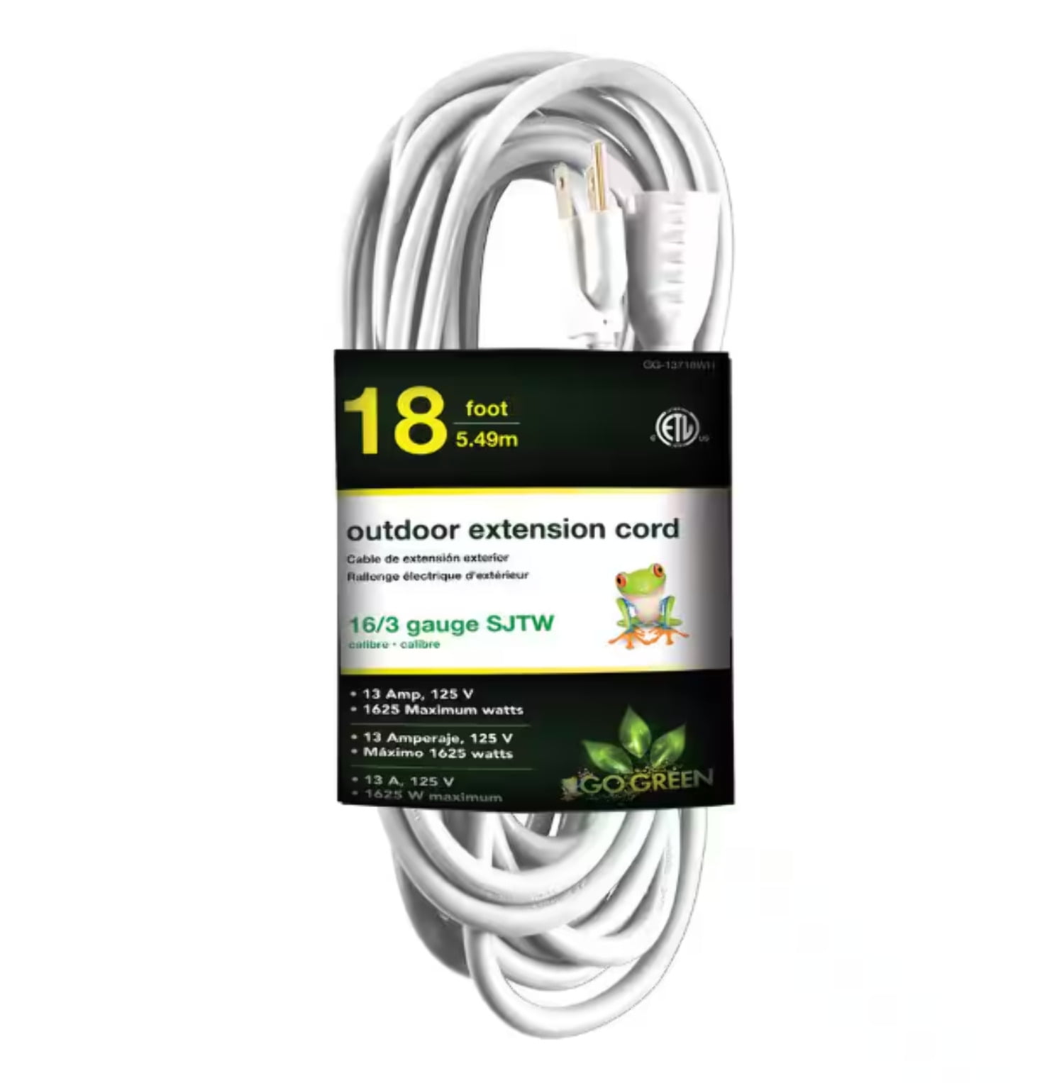 GoGreen Power 16/3 18' Heavy Duty Extension Cord - White