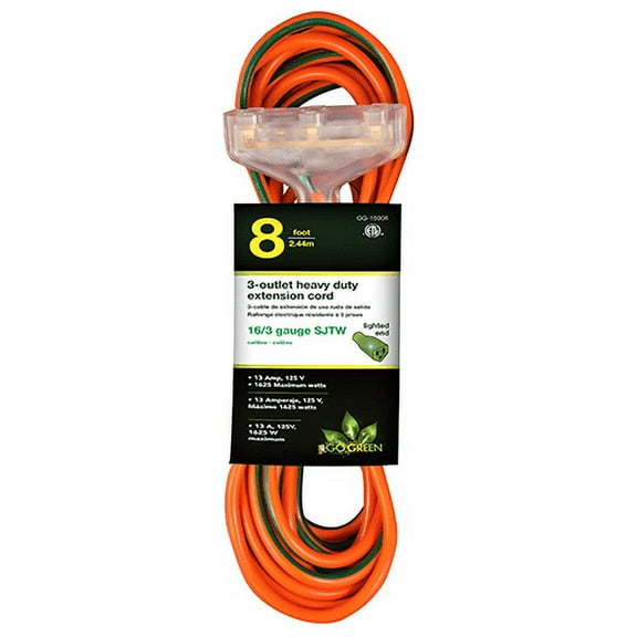 GoGreen Power 16/3 8' 3 Outlet Heavy Duty Extension Cord - Lighted End