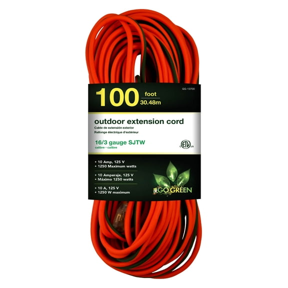 GoGreen Power (GG-13700) 16/3 100 SJTW Outdoor Extension Cord, Lighted End, 100 Ft