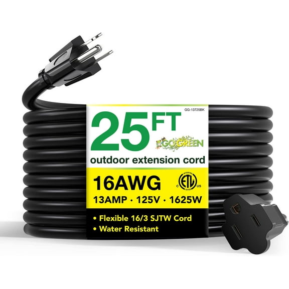 GoGreen Power GG-13725BK 16/3 25' Heavy Duty Extension Cord, Outdoor Extension Cord, Black, 25 Ft