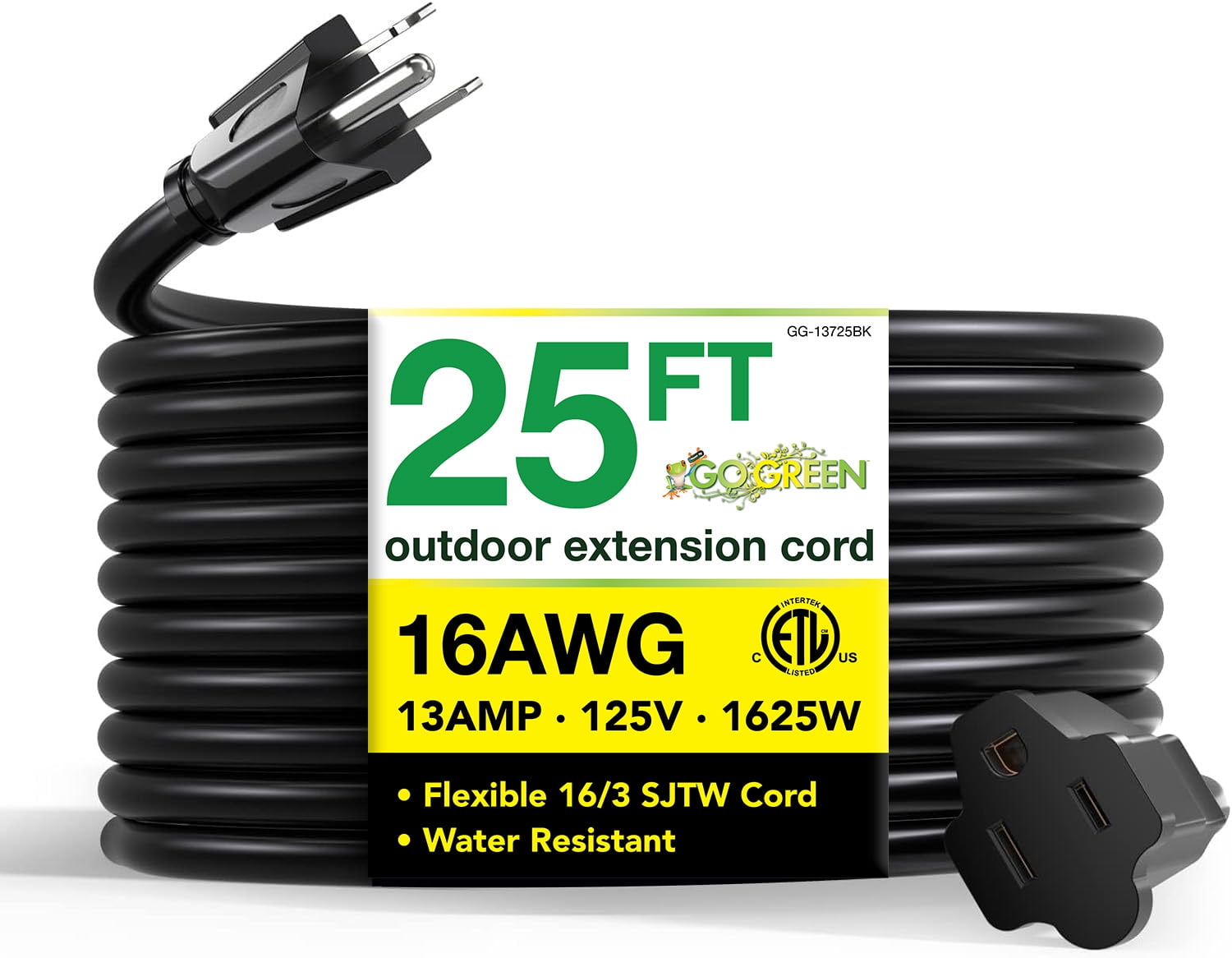 GoGreen Power GG-13725BK 16/3 25' Heavy Duty Extension Cord, Outdoor Extension Cord, Black, 25 Ft