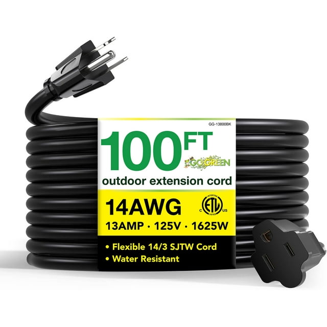 GoGreen Power (GG13800BK) 14/3 100’ SJTW Outdoor Extension Cord, Black
