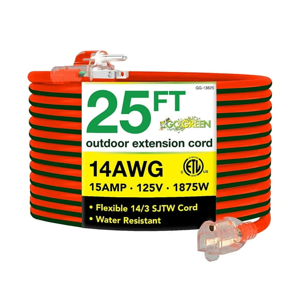 GoGreen Power (GG-13825) 14/3 25’ SJTW Outdoor Extension Cord, Lighted Extension Cord, 25 ft