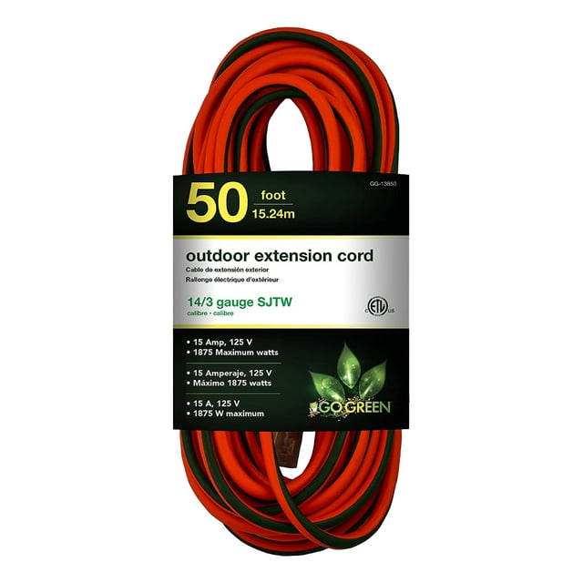 GoGreen Power (GG13850) 14/3 50’ SJTW Outdoor Extension Cord, Lighted