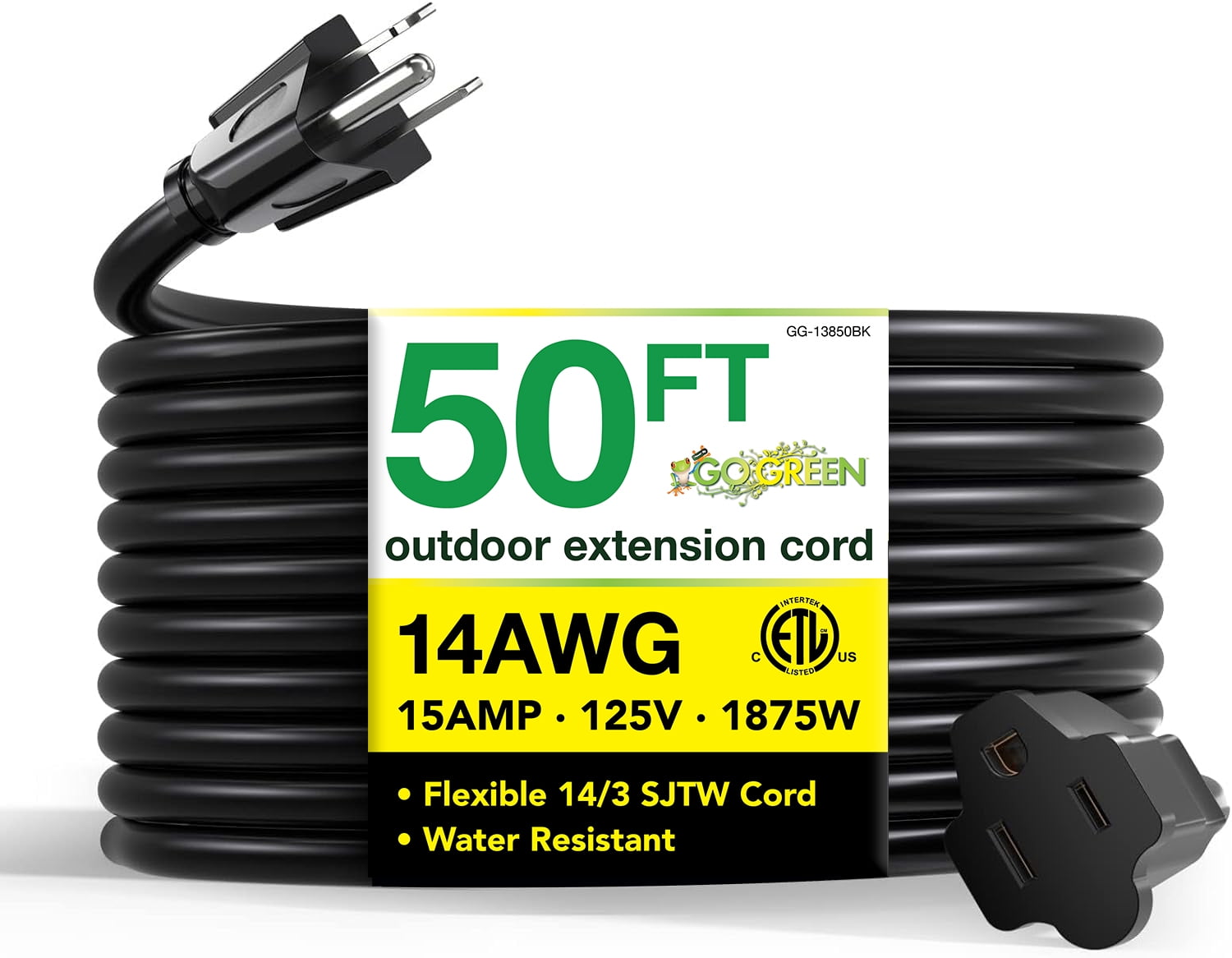 GoGreen Power (GG-13850BK) 14/3 50 SJTW Outdoor Extension Cord, Black, 50 Ft