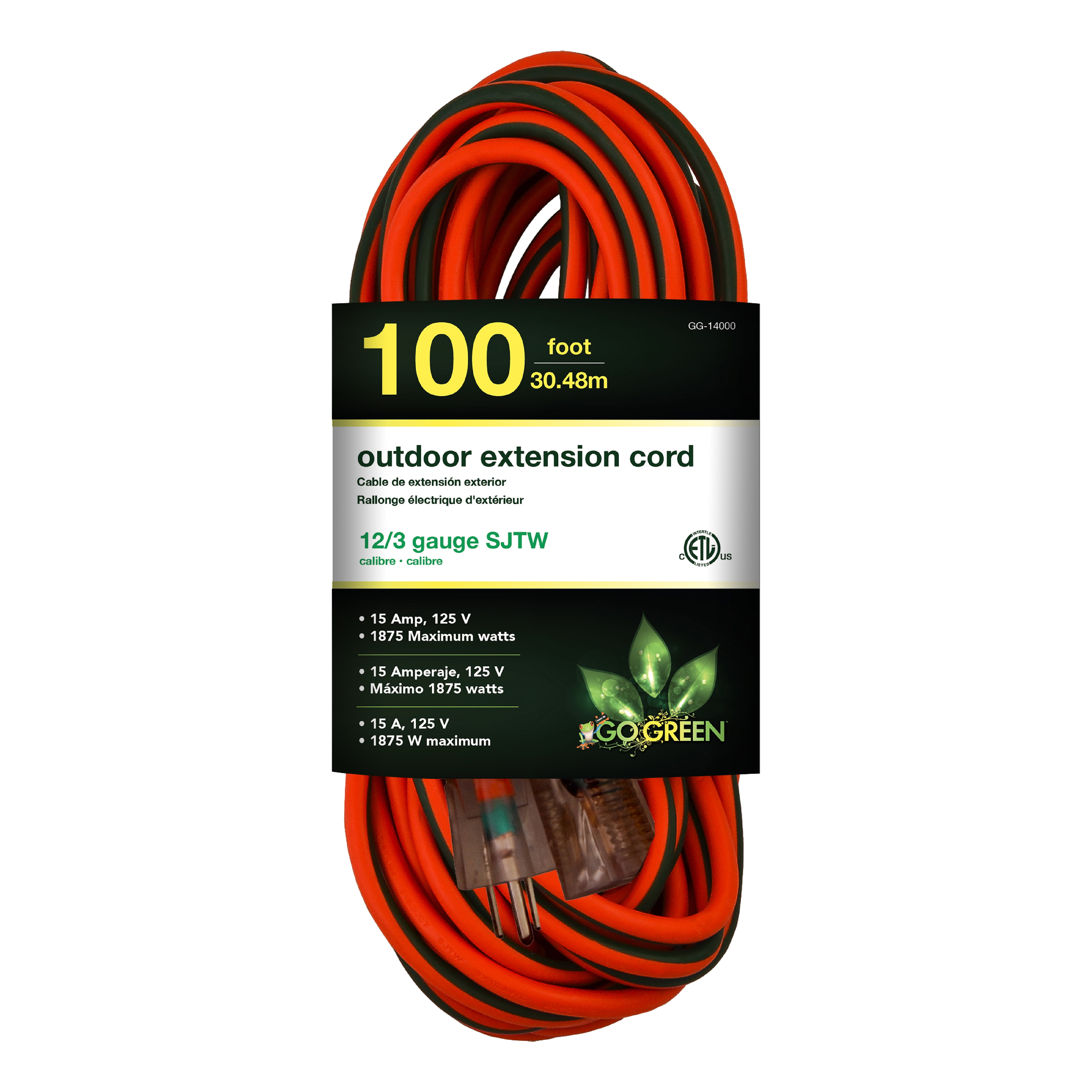 GoGreen Power 12/3 100' GG-14000 Heavy Duty Extension Cord, Lighted End