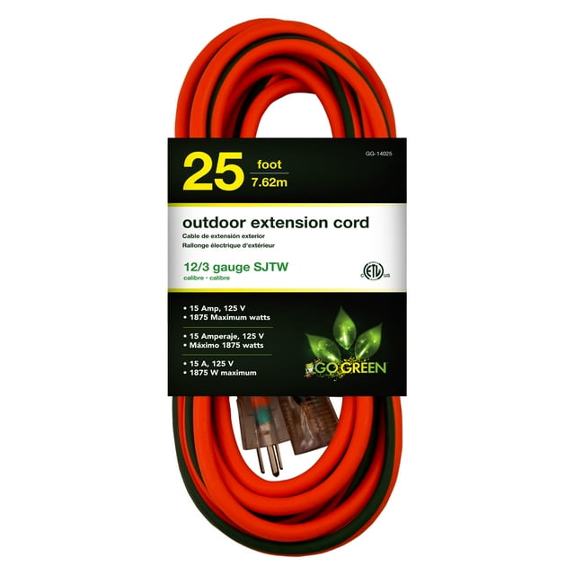 GoGreen Power (GG-14025) 12/3 25’ SJTW Outdoor Extension Cord, Lighted End, 25 Ft