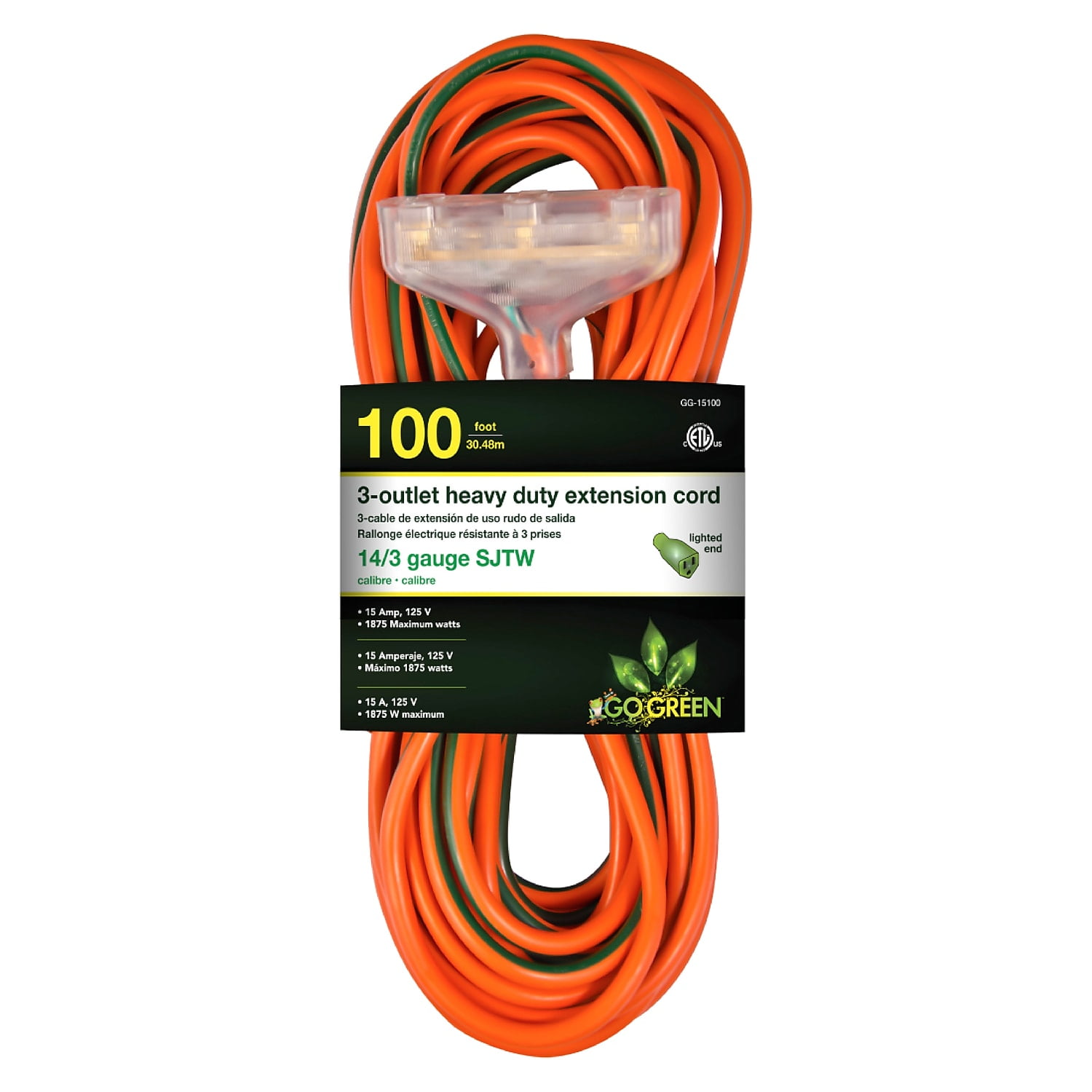GoGreen Power (GG-15100) 14/3 100’ SJTW 3-Outlet Heavy Duty Extension Cord, Lighted End, 100 ft, 15AMP, Orange