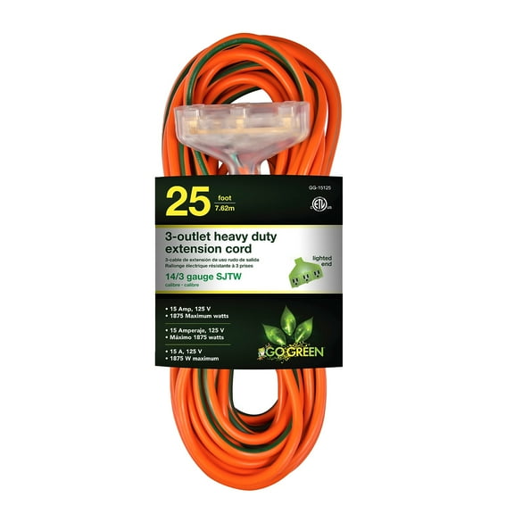 GoGreen Power (GG-15125) 14/3 25 3-Outlet SJTW Outdoor Extension Cord, Lighted Extension Cord, 25 ft