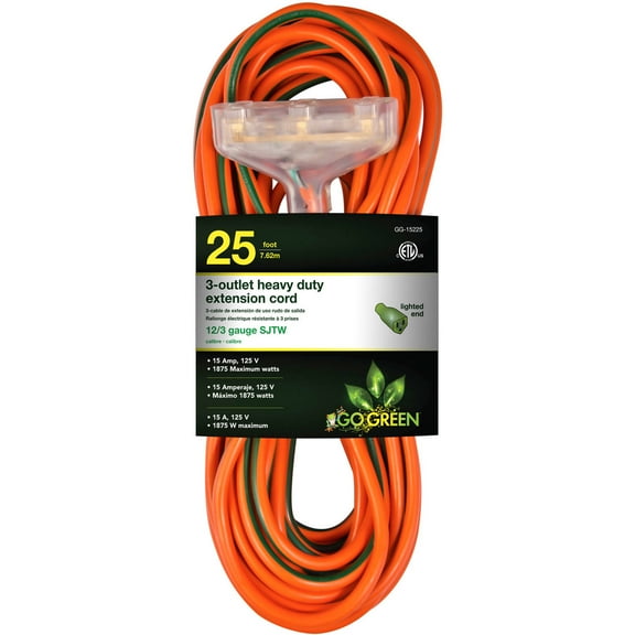 GoGreen Power (GG-15225) 12/3 25 SJTW 3-Outlet Heavy Duty Extension Cord, Lighted End, 25 Ft