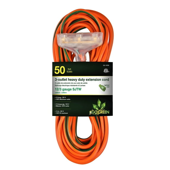 GoGreen Power (GG-15250) 12/3 50’ SJTW 3-Outlet Heavy Duty Extension Cord, Lighted End, 50 ft
