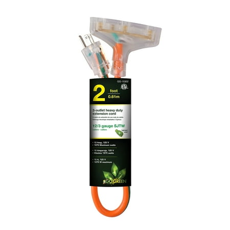 GoGreen Power (GG-15302) 12/3 2' 3-Outlet Heavy Duty Extension Cord, Lighted End, 2 Feet