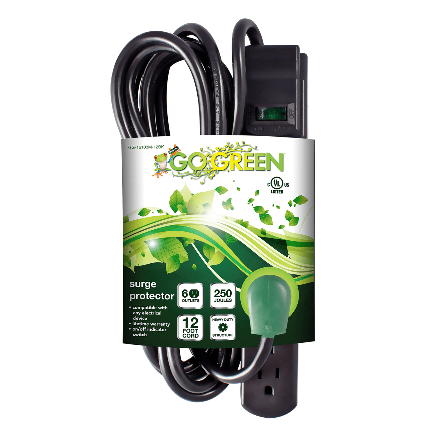 GoGreen Power (GG-16103M-12BK) 6 Outlet Surge Protector, 250 Joules, Black, 12ft Cord, 15 AMP circuit breaker, Right Angle Plug
