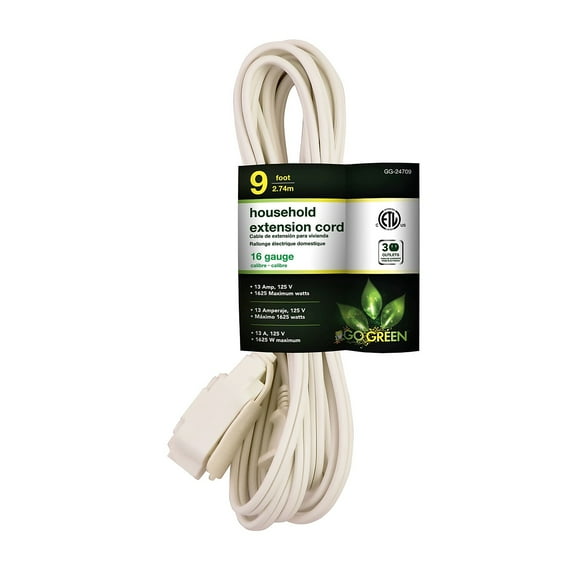 GoGreen Power (GG-24709) 16/2 9’ Household Extension Cord, 3 Outlets, White, 9 Ft