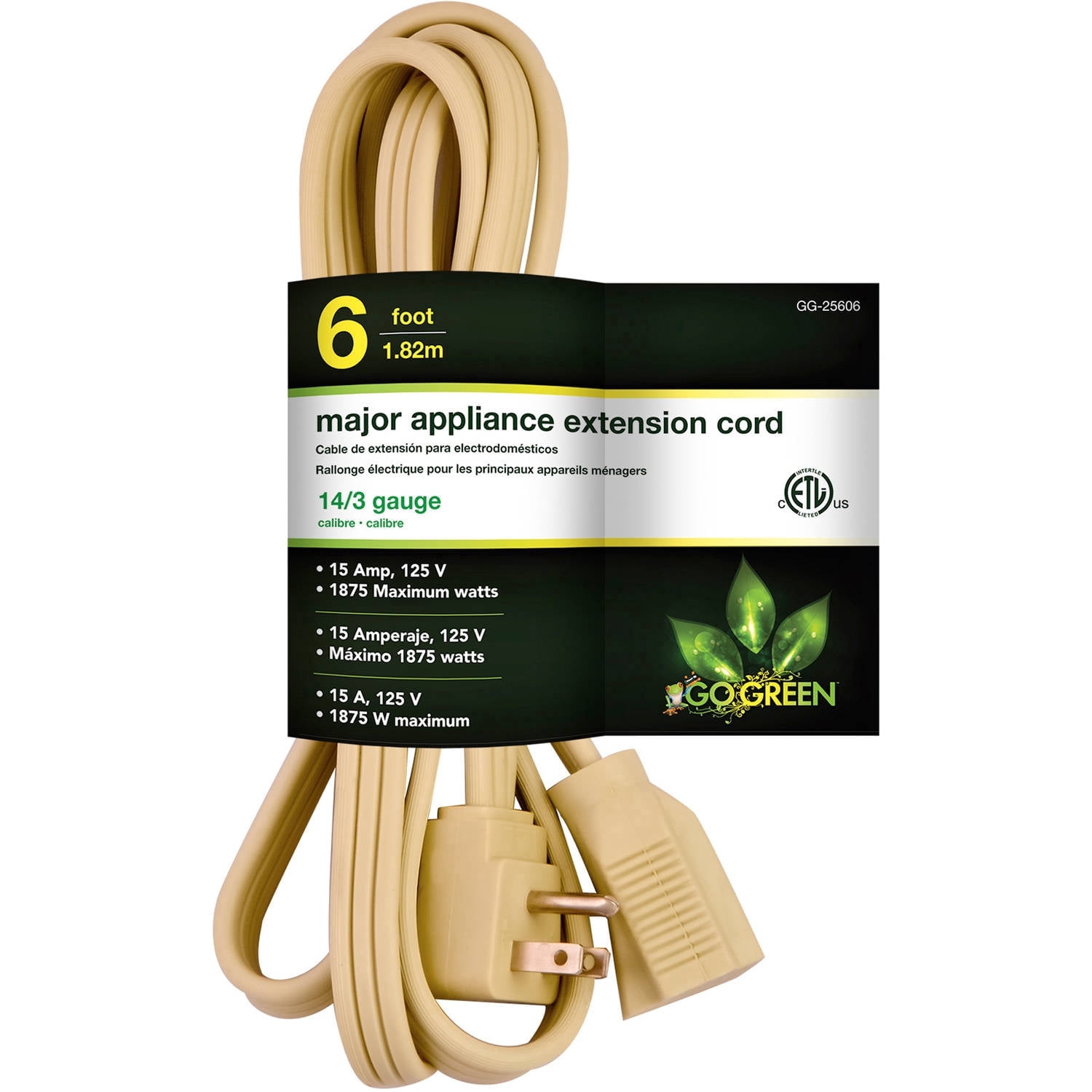 GoGreen Power 14/3 6' Appliance Cord, Beige, 25606