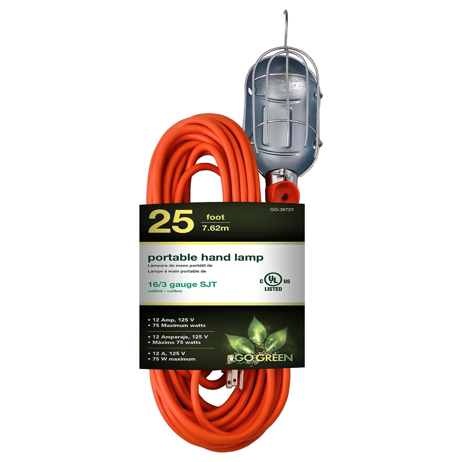 GoGreen Power (GG-36725) 16/3 25' Portable Hand Lamp, Orange