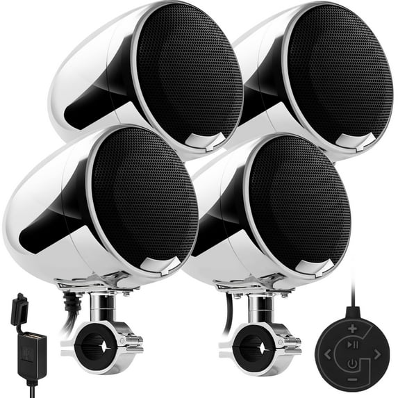 GoHawk AN4-QX All-in-One Built-in Amplifier 4.5" Waterproof Bluetooth Motorcycle Stereo 4 Speakers Audio Amp System Harley ATV Chrome