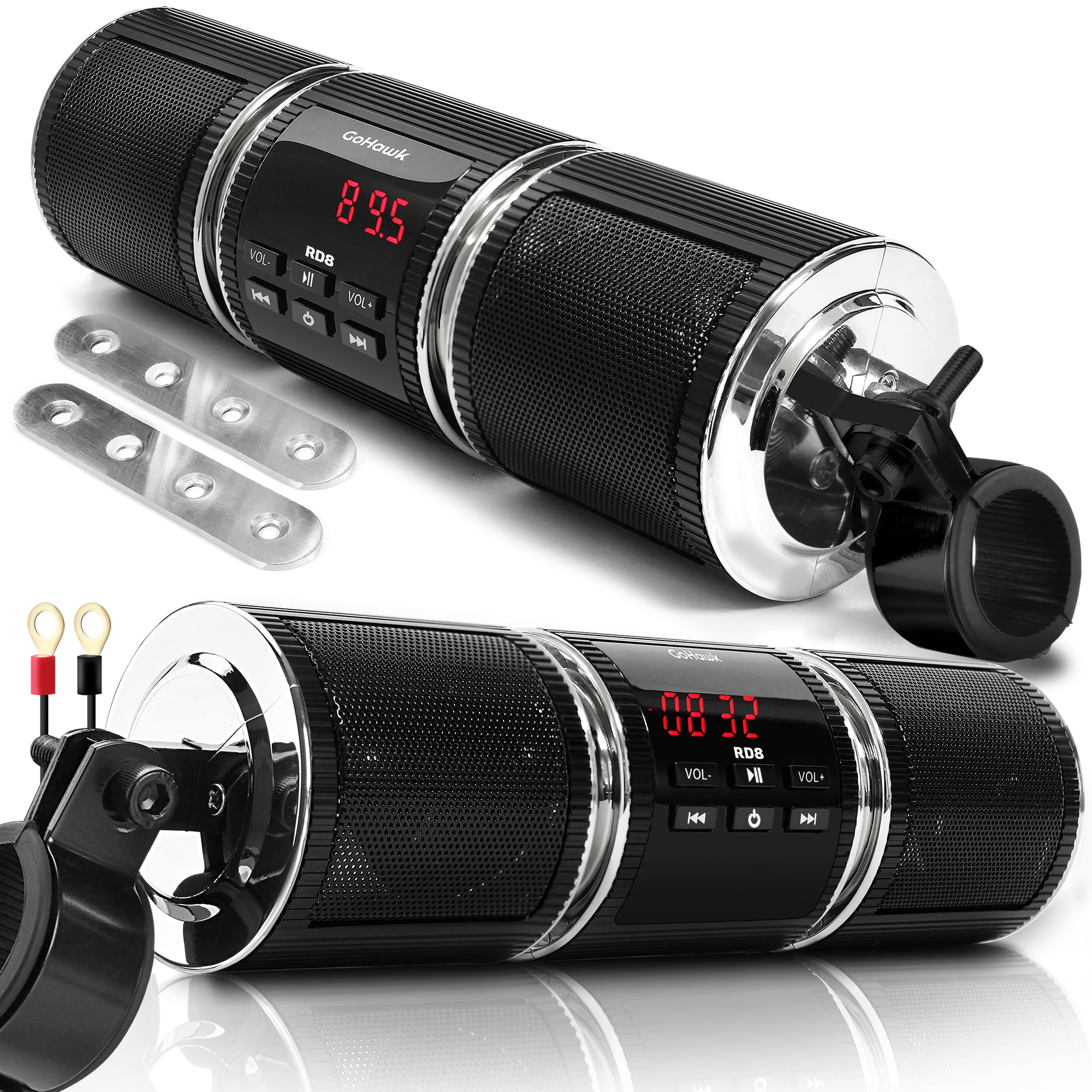 GoHawk RD8 Gen.2 Waterproof Bluetooth Motorcycle Stereo Speakers 7/8-1.25 in. Handlebar Mount MP3 Music Player Audio Amplifier System Scooter Bike ATV, AUX in, USB, FM Radio