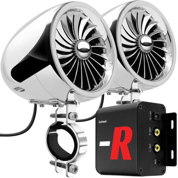GoHawk TJ4-R 4" Waterproof Motorcycle Bluetooth Speakers Stereo Amplifier Audio System Harley Touring Cruiser ATV 4-Wheeler FM Radio Chrome