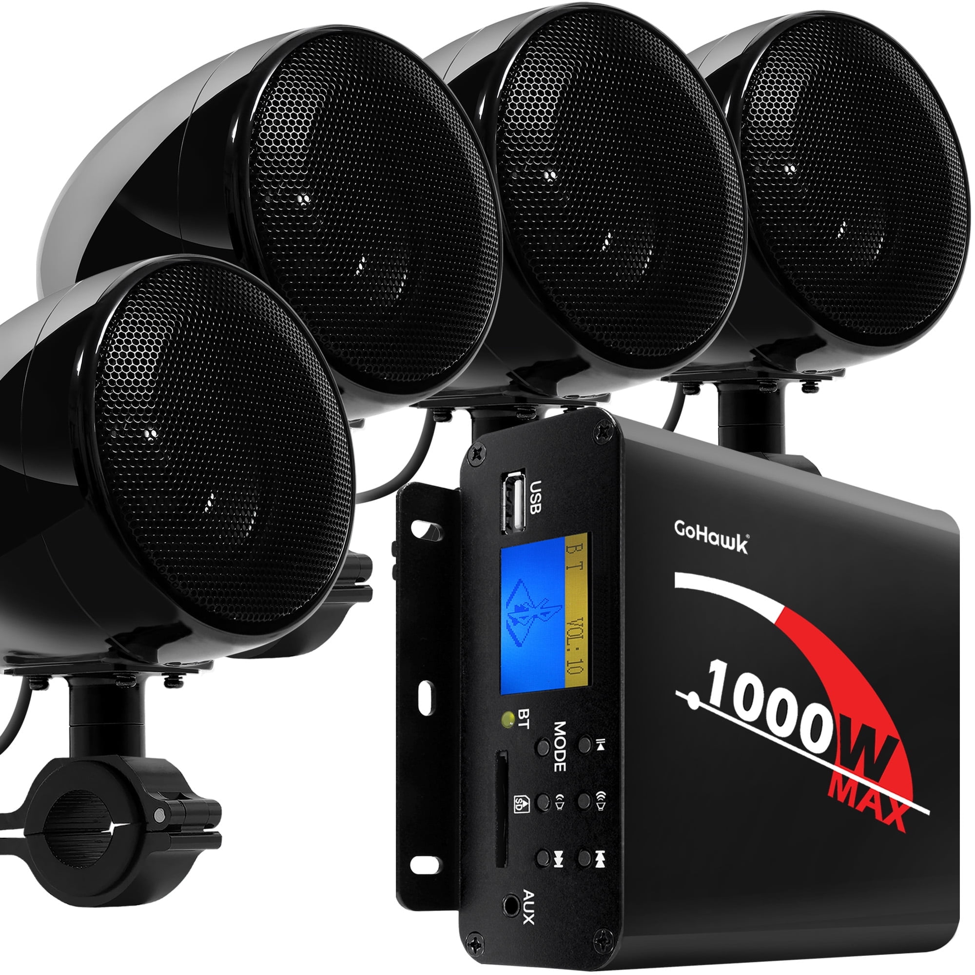 GoHawk 4" Waterproof Motorcycle Bluetooth Speakers Stereo Amplifier Audio System Harley ATV FM Radio