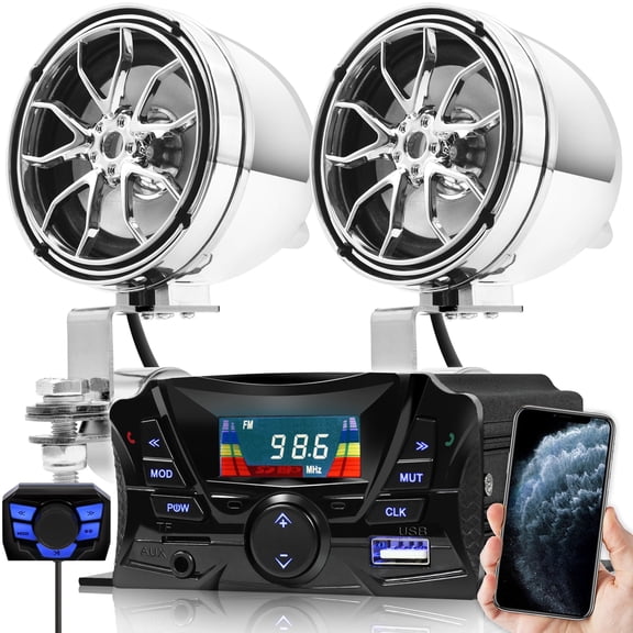 GoHawk TS3 Motorcycle Bluetooth Speakers Handlebar Mount MP3 Music Player Sound Audio Stereo Amplifier System ATV USB Micro SD FM Radio Chrome